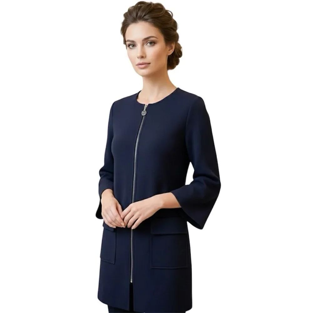 St. John Navy Blue Wool Blend Full Zip 3/4 Sleeve Knit Jacket Blazer Size Large